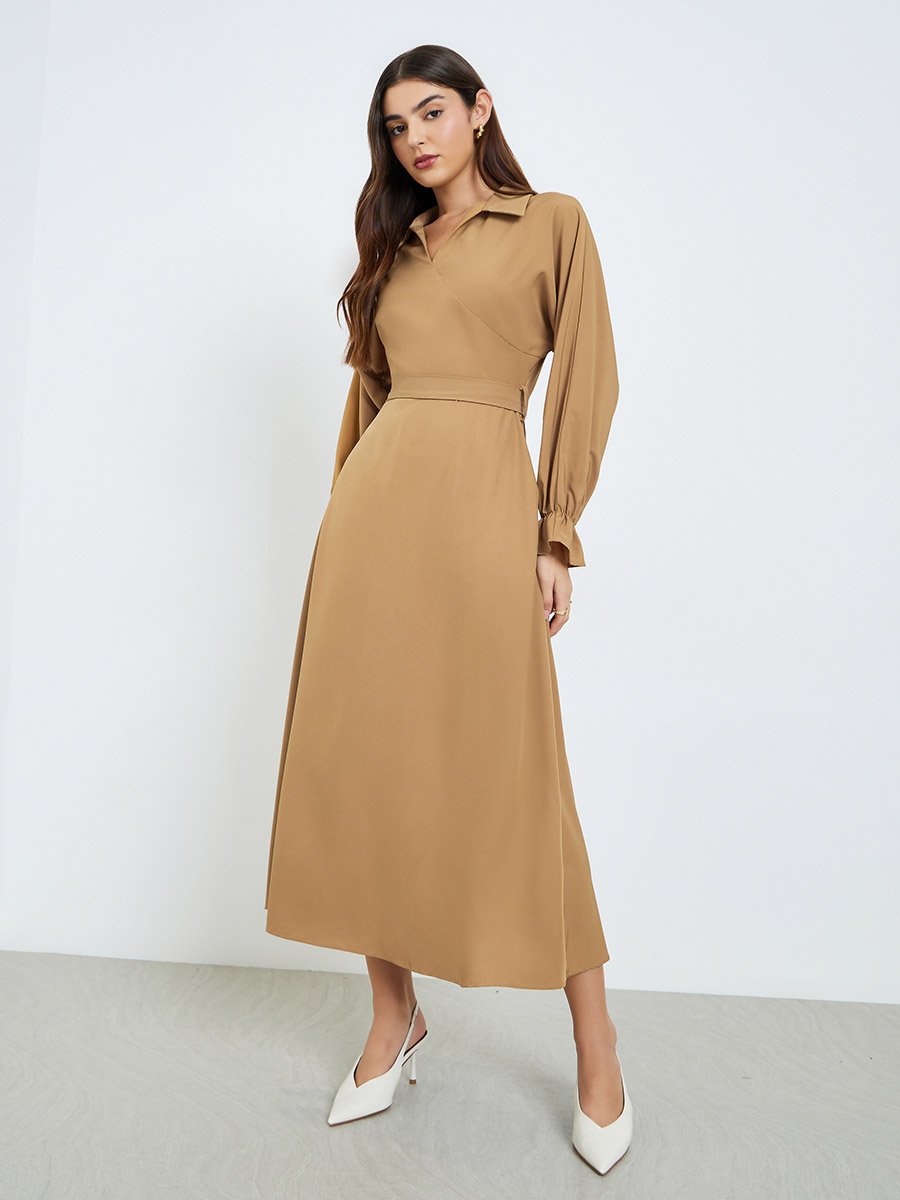 Women Khaki Long Sleeve A-Line Midi Dress For Women at UAE | Styli