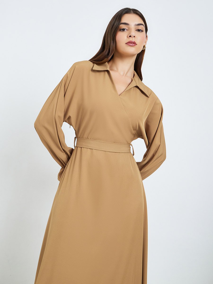 Women Khaki Long Sleeve A-Line Midi Dress For Women at Bahrain | Styli