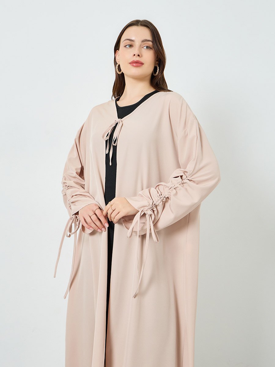 Women Beige Drawstring Sleeve Front Tie Abaya