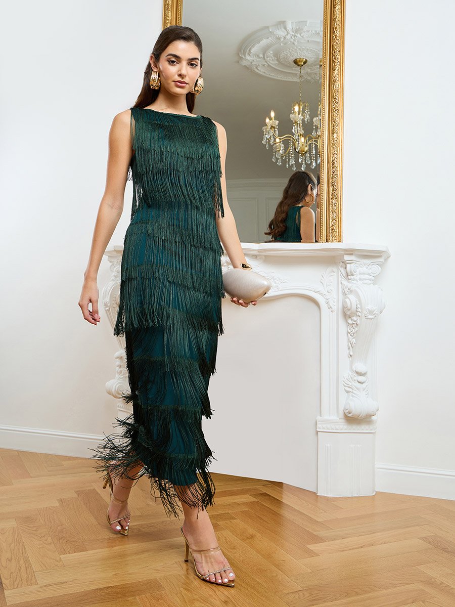  Green Sleeveless Fringed Maxi Dress