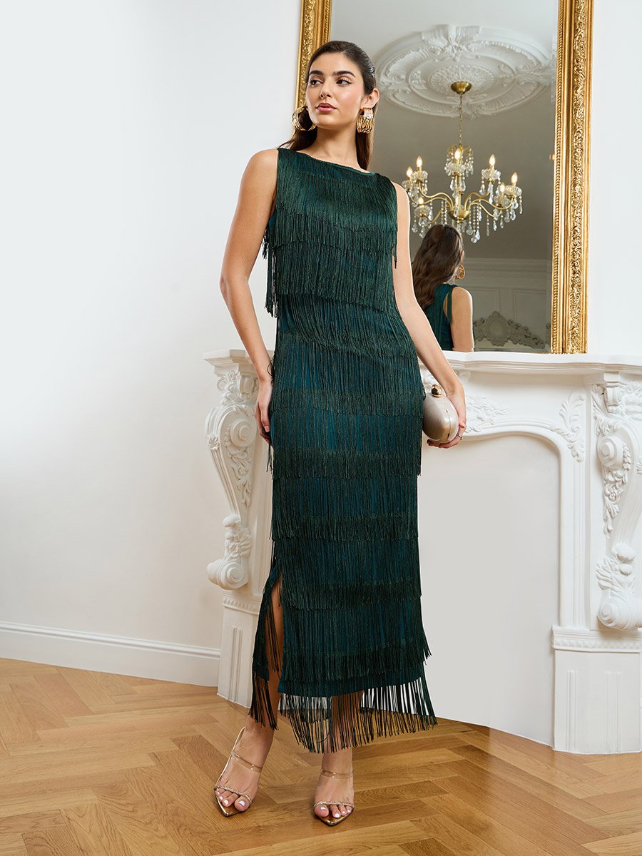  Green Sleeveless Fringed Maxi Dress