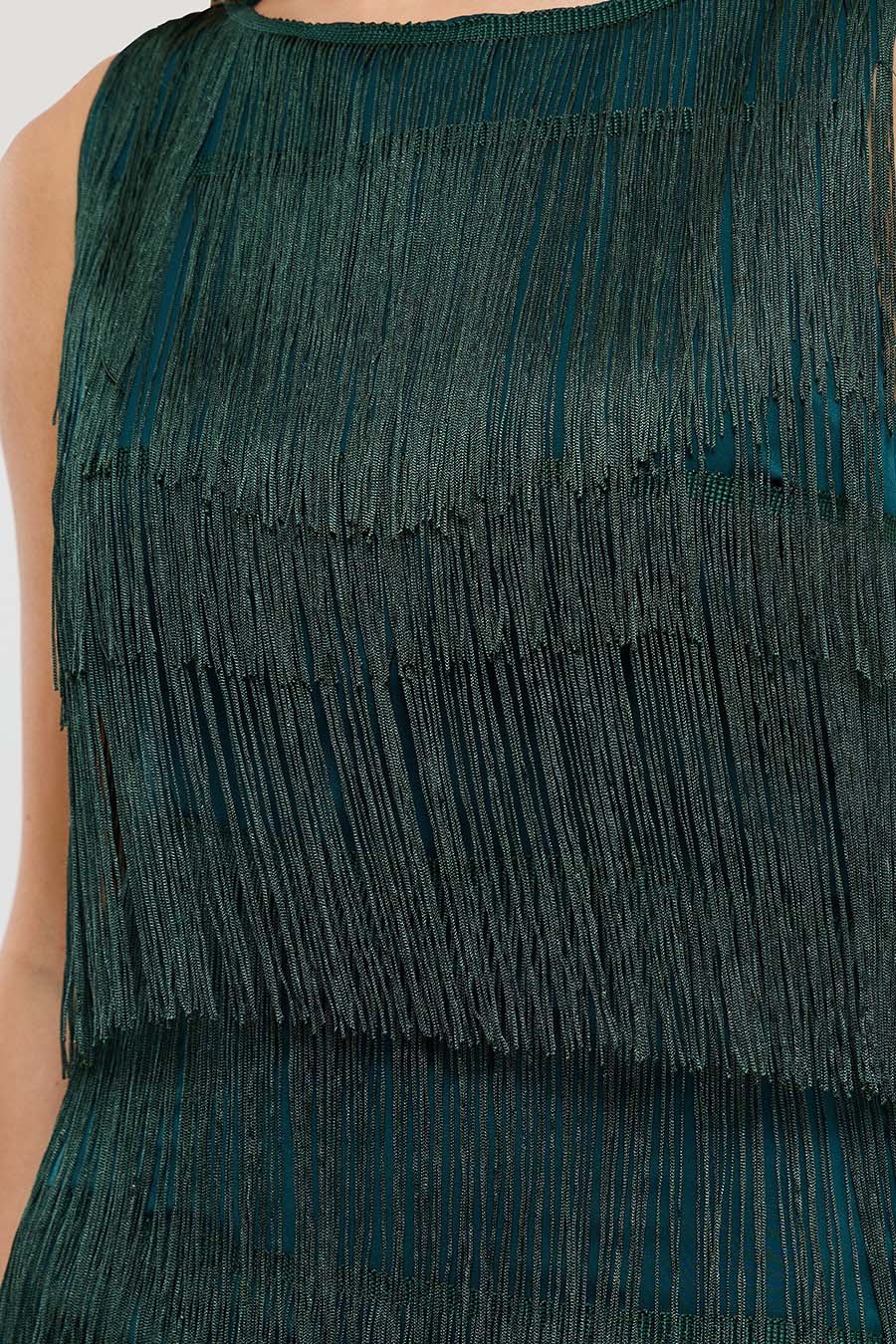  Green Sleeveless Fringed Maxi Dress