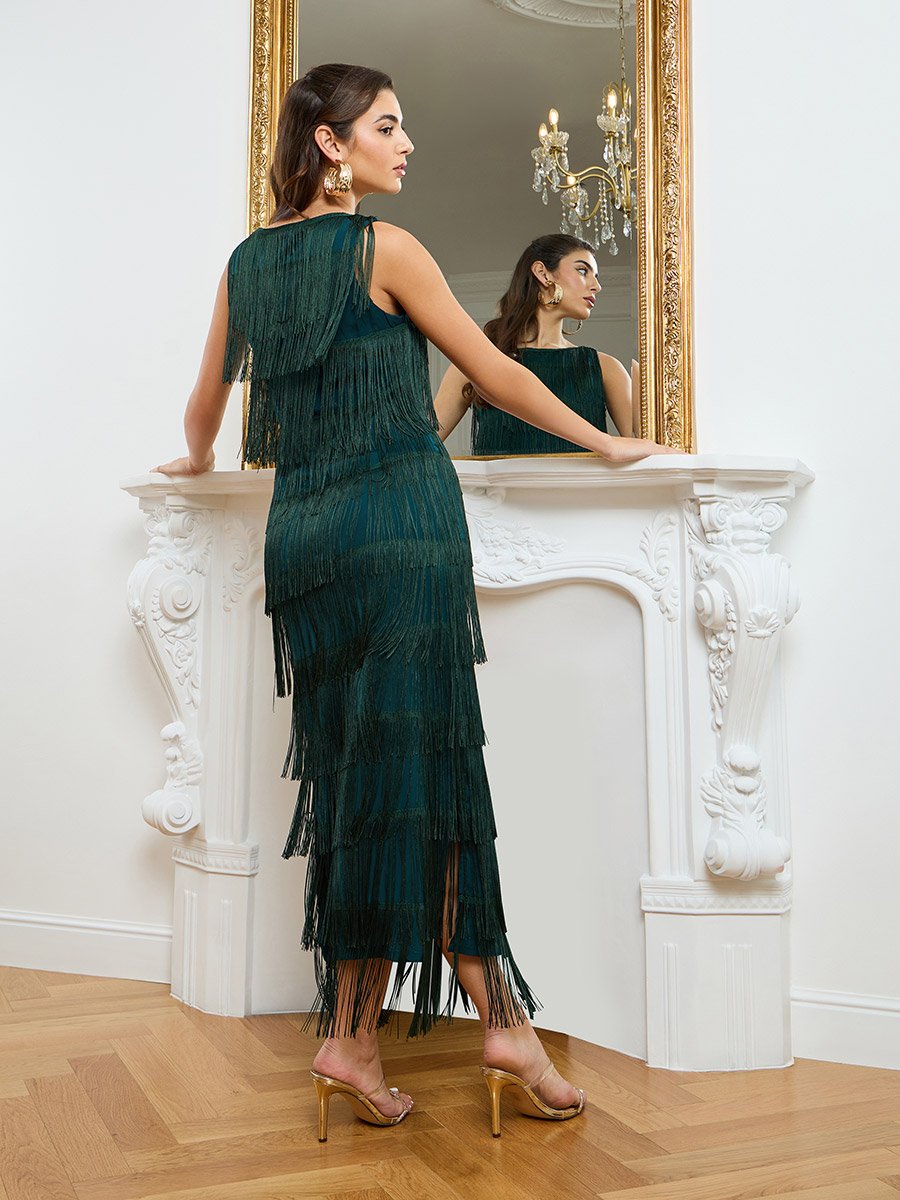  Green Sleeveless Fringed Maxi Dress
