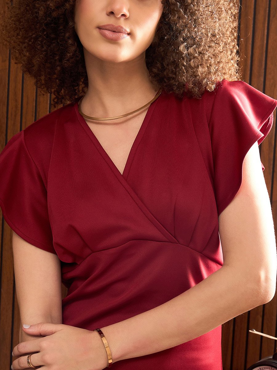 Women Maroon Satin Frill Midi Dress