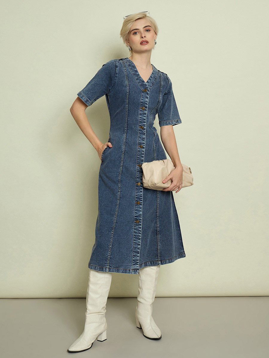 Blue Solid V Neck A-Line Midi Dress
