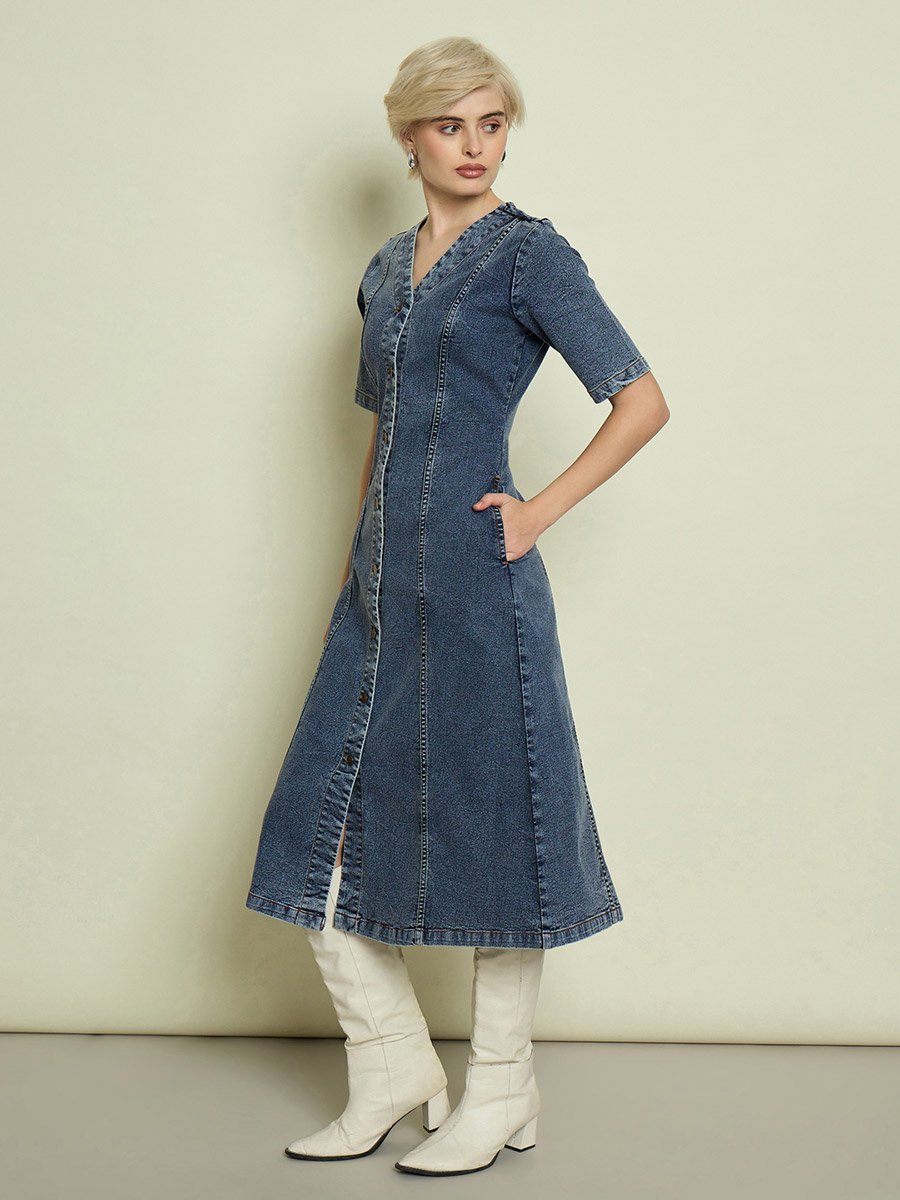 Blue Solid V Neck A-Line Midi Dress