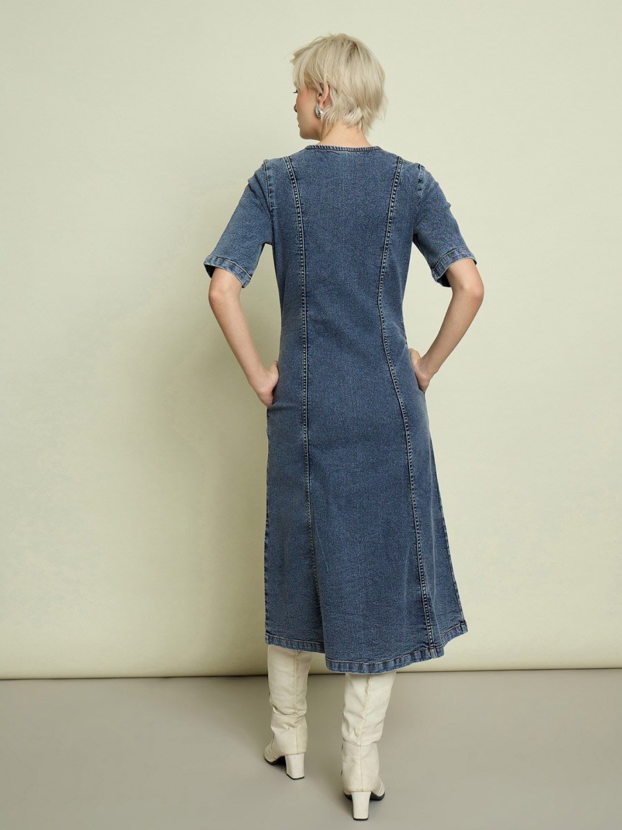 Blue Solid V Neck A-Line Midi Dress