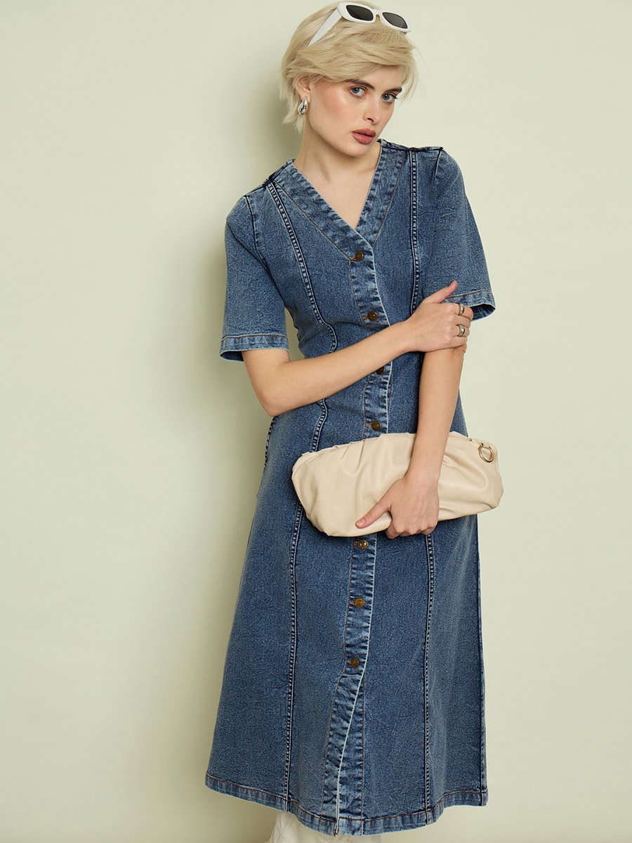 Blue Solid V Neck A-Line Midi Dress