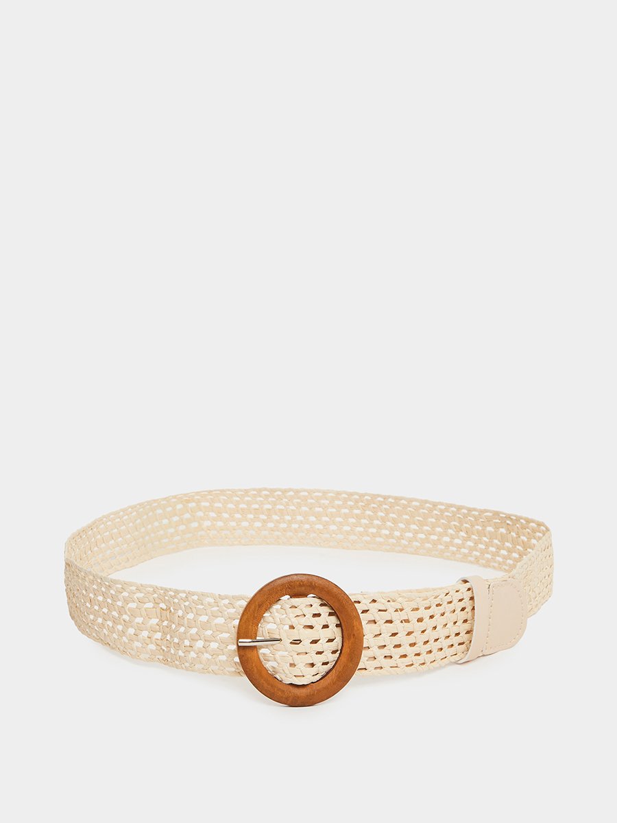Beige Woven Belt with Wooden Buckle