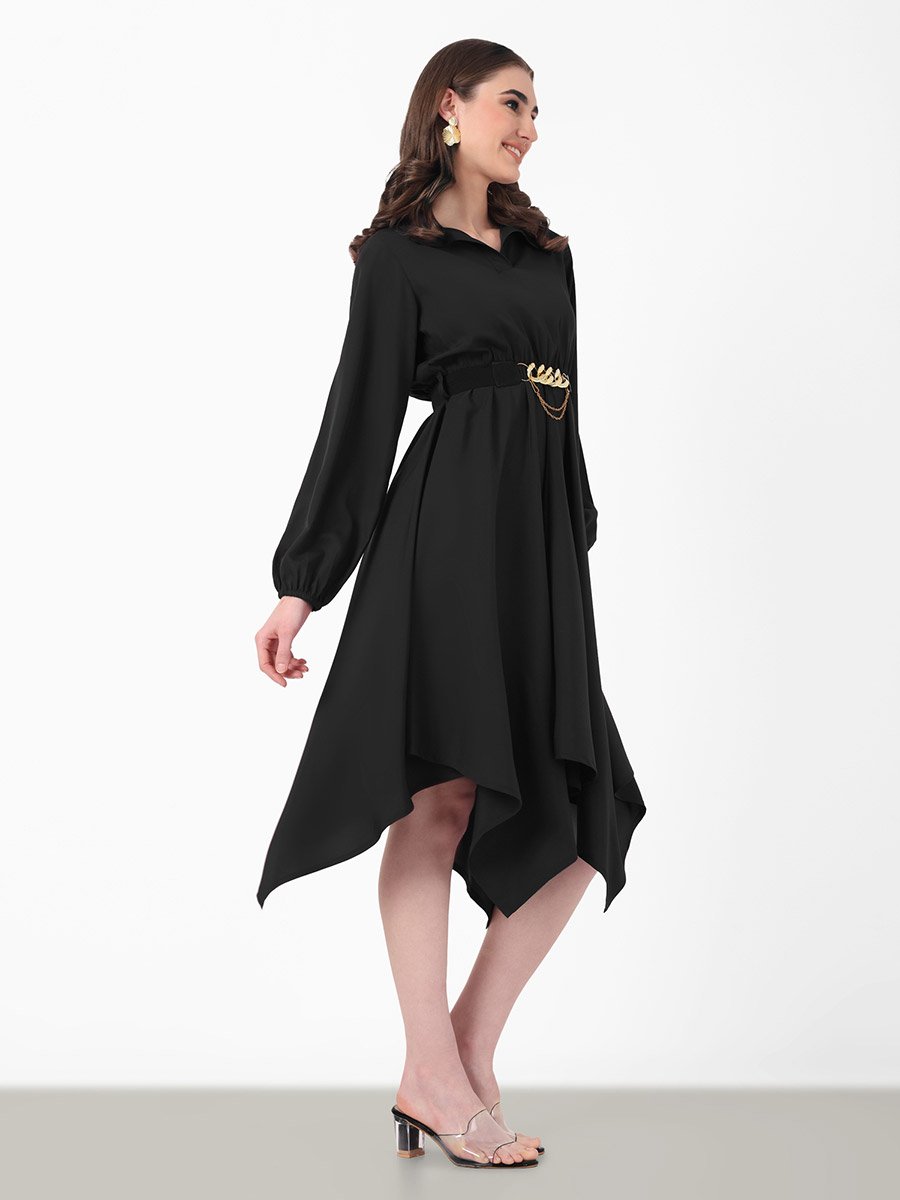 Women Black High-Low Hem Belted Midi Dress