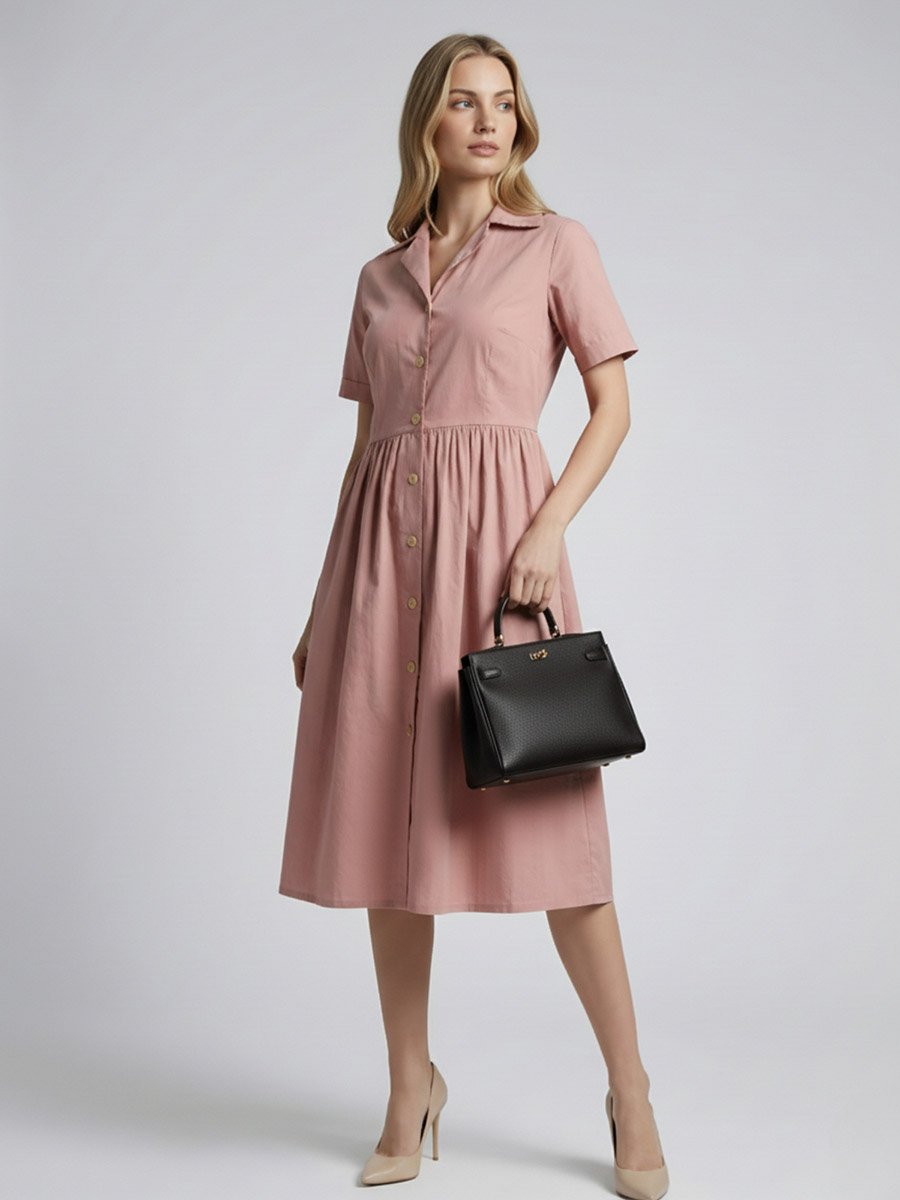 Women Pink Cotton Poplin Midi Dress