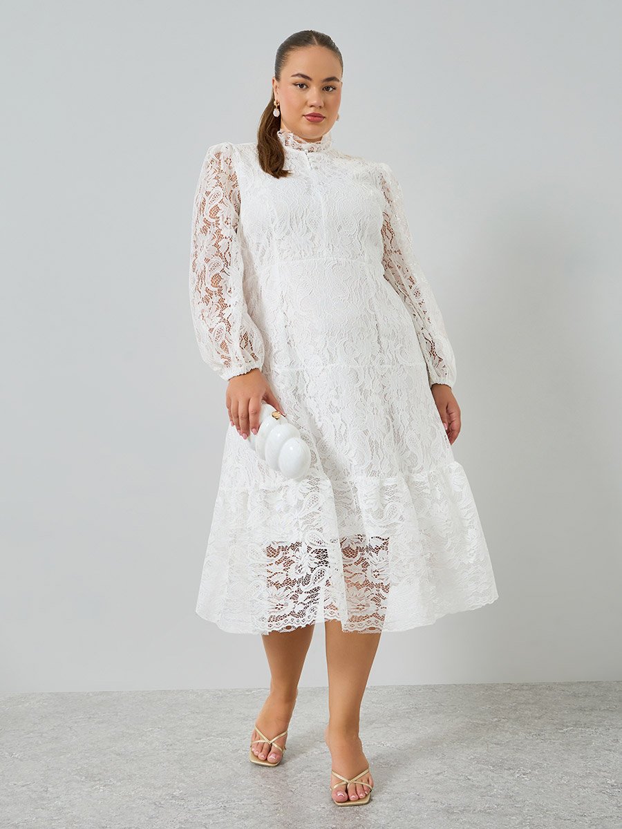 Plus Size White Lace Long Sleeves A-Line Midi Dress For Women at Bahrain | Styli Plus Size White Lace Long Sleeves A-Line Midi Dress For Women at Bahrain | Styli