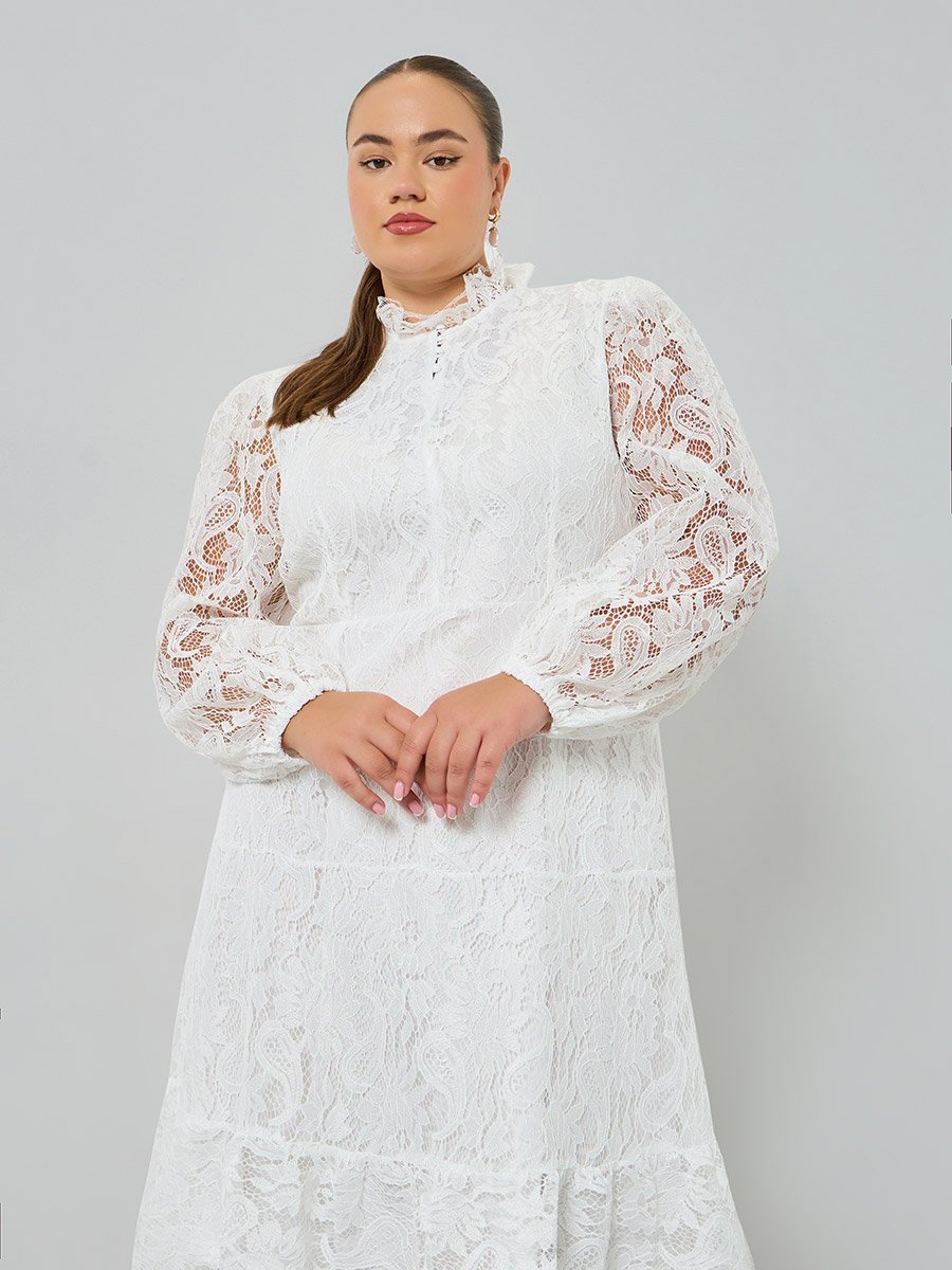 knee length dresses for ladies Cailin Plus Size White Lace Long Sleeve Maxi Dress White / 28