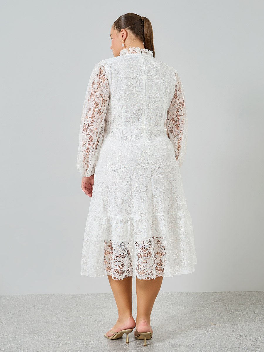 Plus Size White Lace Long Sleeves A-Line Midi Dress For Women at Kuwait |  Styli