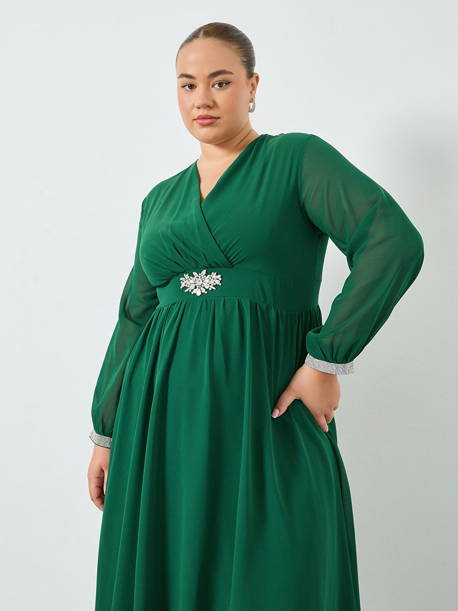 Plus Size Green Long Sleeves A-Line Maxi Dress	
