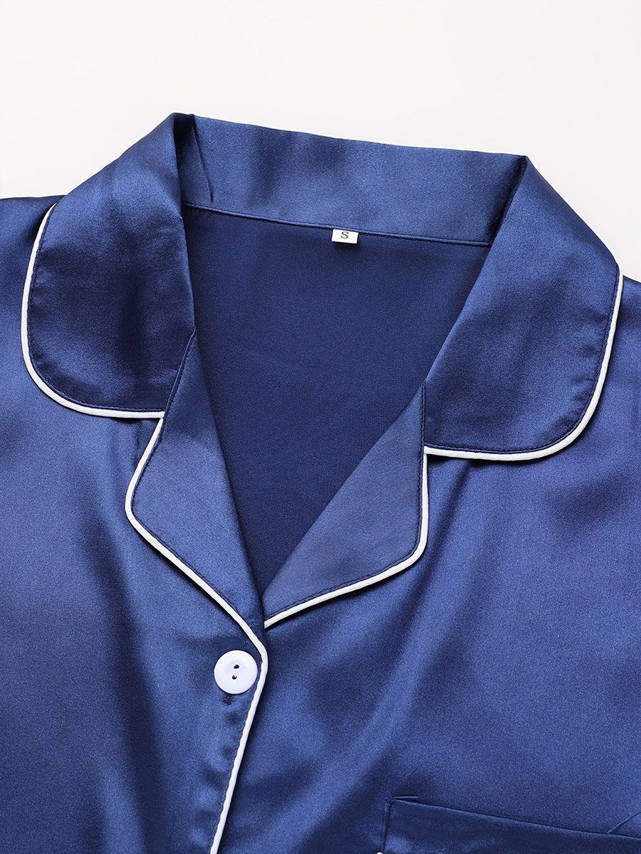 Women Navy Blue Long Sleeve Shirt and Pyjama Set