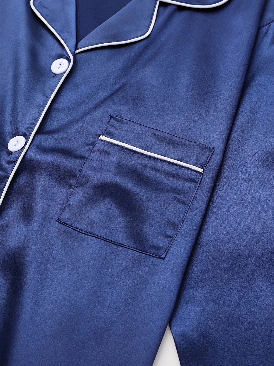 Women Navy Blue Long Sleeve Shirt and Pyjama Set