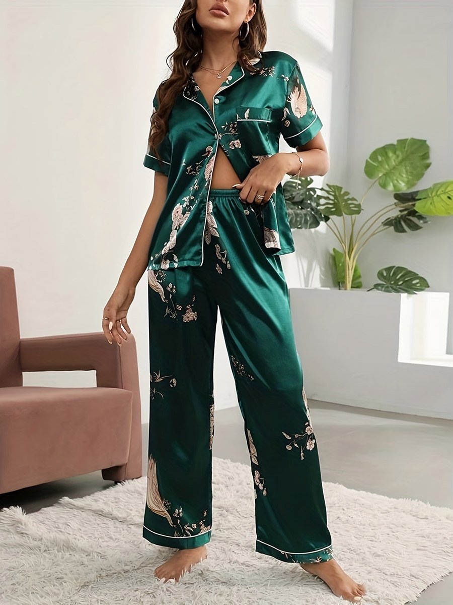 Women Graphic Print Short Sleeve Shirt and Pyjama Set
