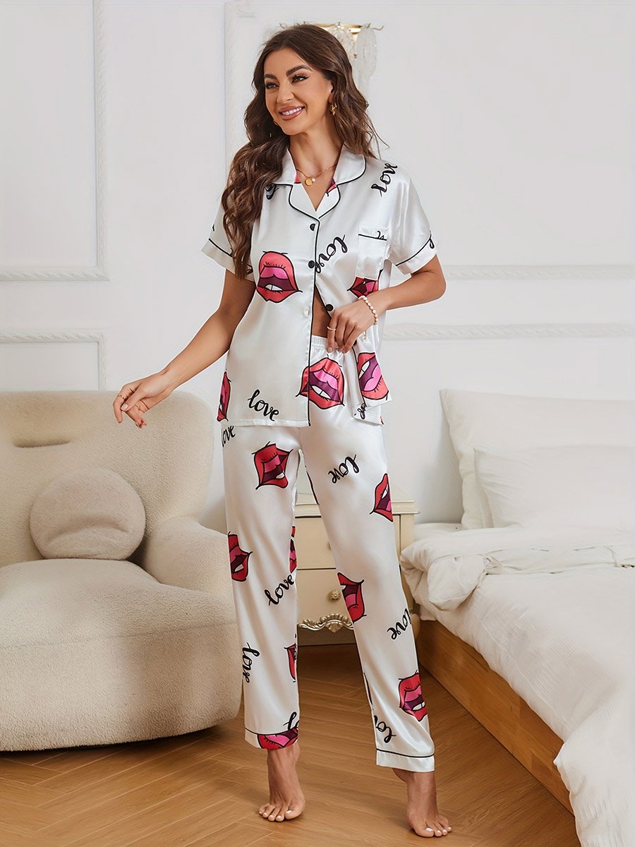 Women Graphic Print Short Sleeve Shirt and Pyjama Set