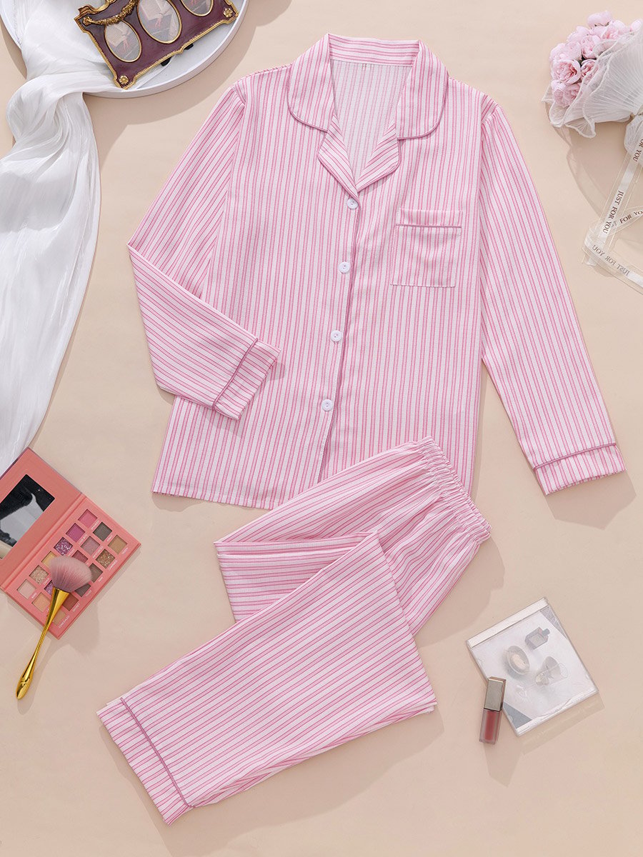 Women Pink Striped Shirt and Pyjama Set