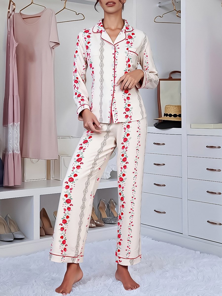 Women Striped Floral Print Shirt and Pyjama Set