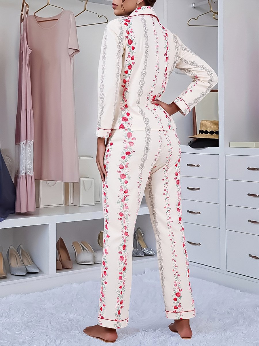 Women Striped Floral Print Shirt and Pyjama Set