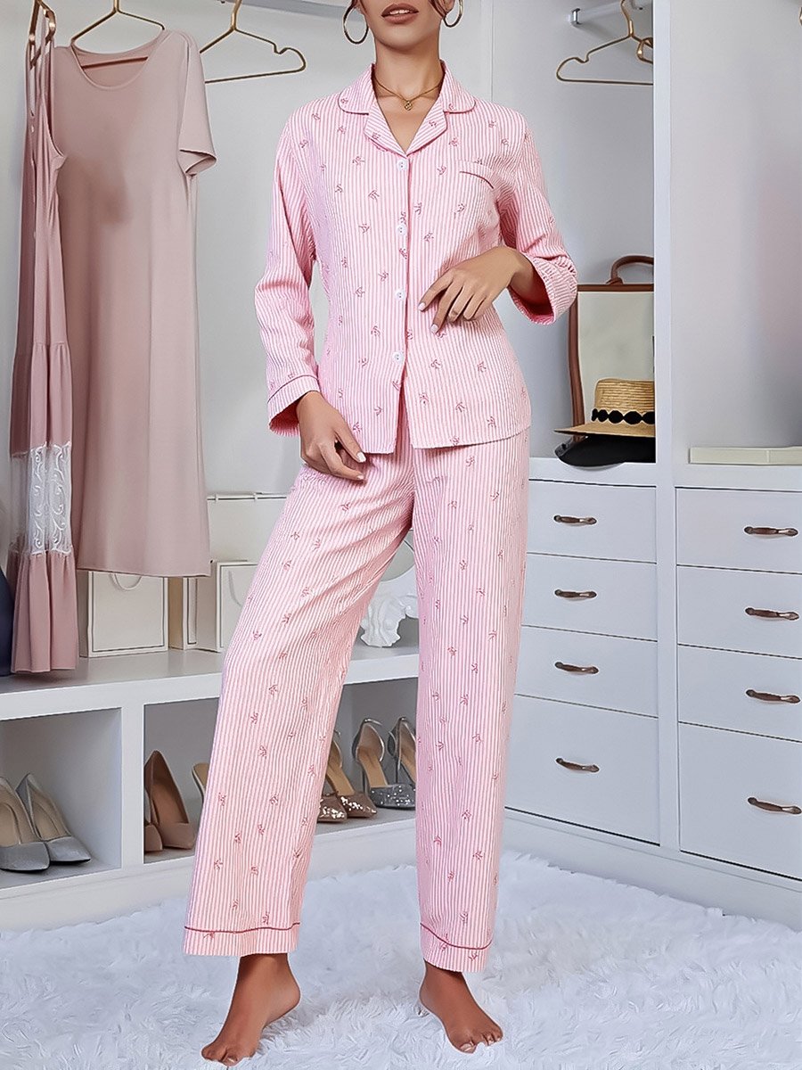 Women Striped Bow Print Shirt and Pyjama Set
