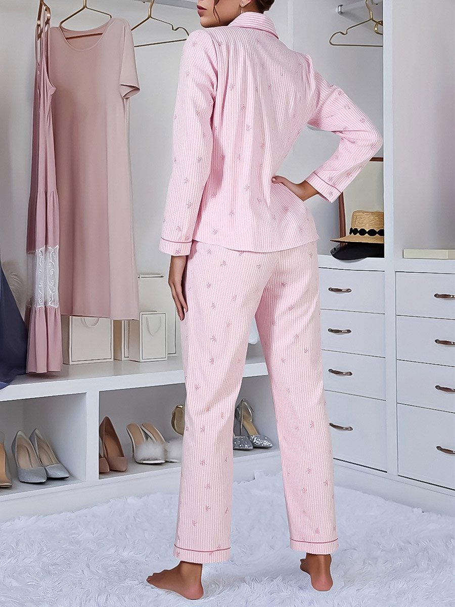 Women Striped Bow Print Shirt and Pyjama Set