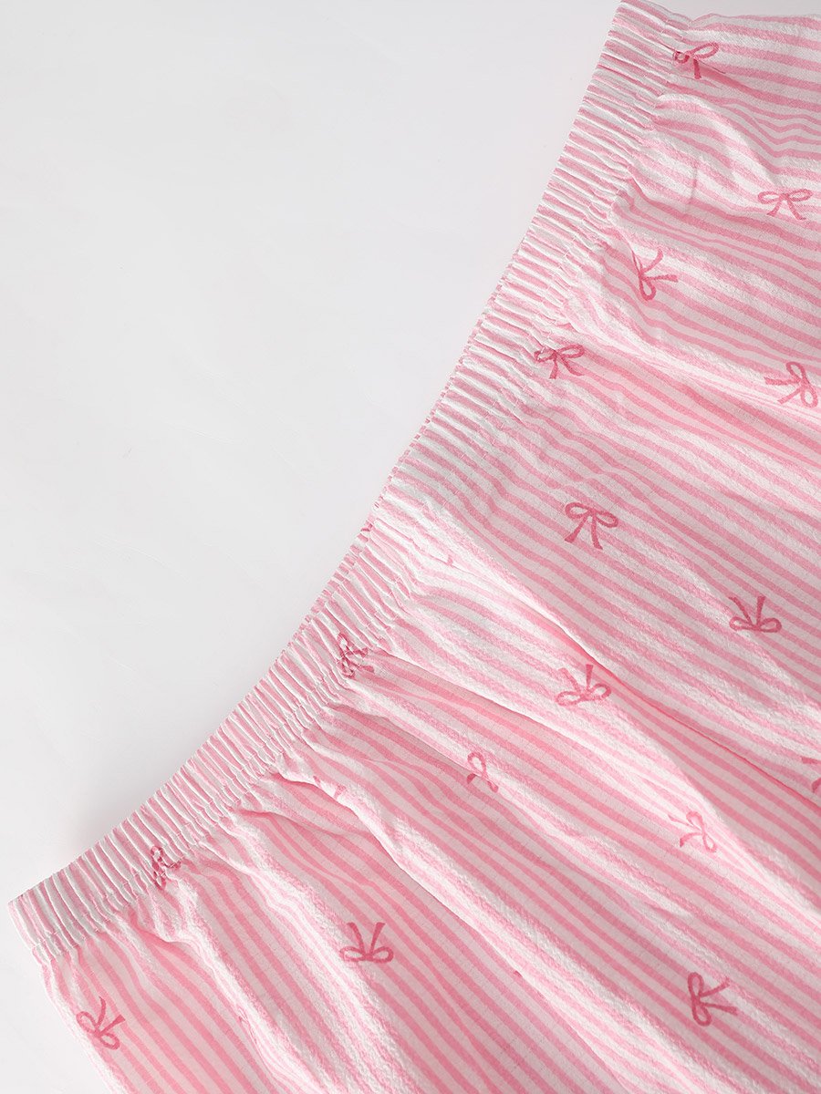 Women Striped Bow Print Shirt and Pyjama Set