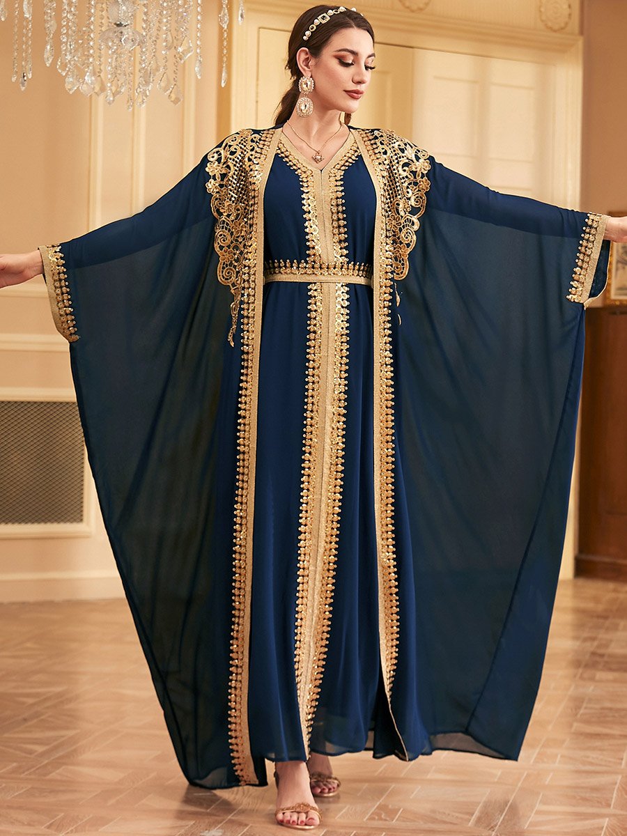 Navy Blue Sequin Patch Belted Dress with Kimono Set
