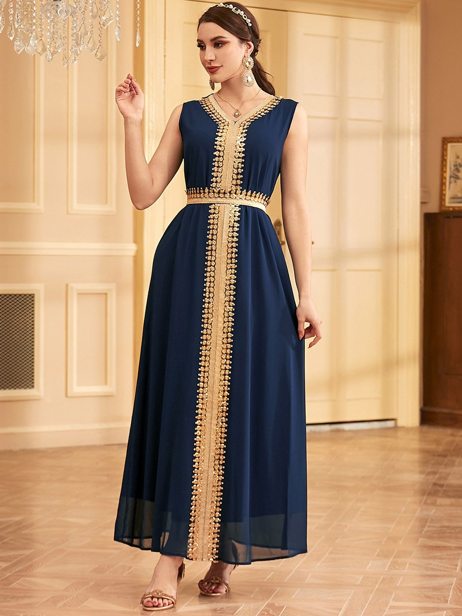 Navy Blue Sequin Patch Belted Dress with Kimono Set