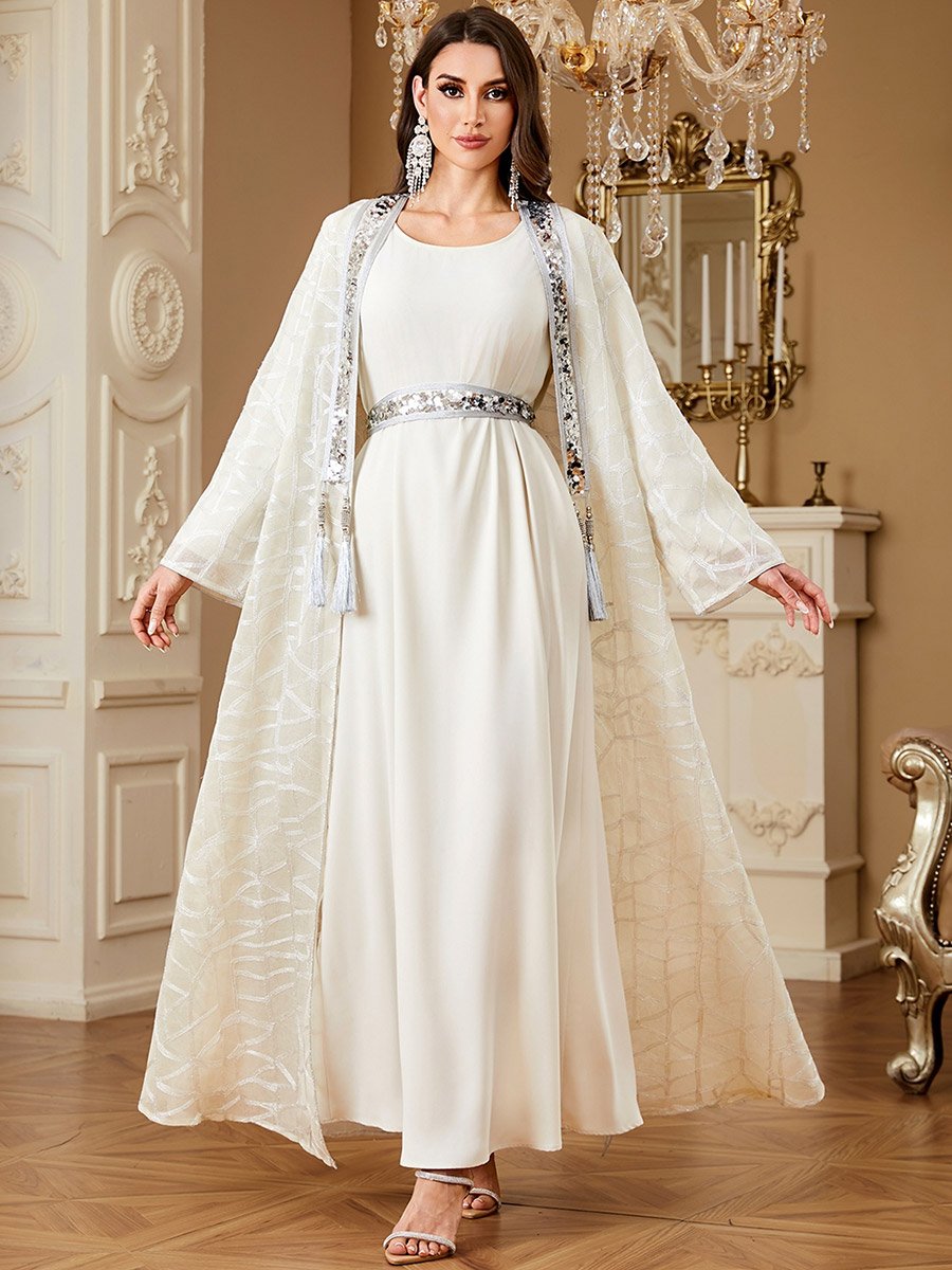 Women Sequined Textured Kimono and Dress Modest Set