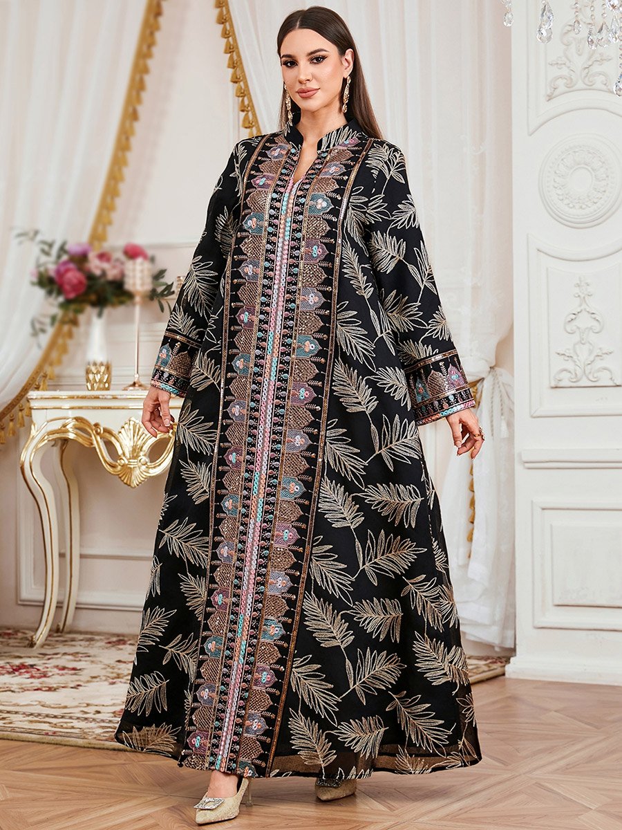 Women Textured Sequin Patch Collared Jalabiya