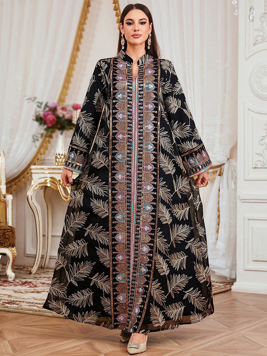 Women Textured Sequin Patch Collared Jalabiya