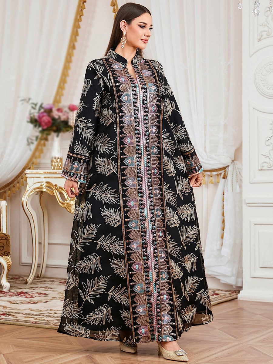 Women Textured Sequin Patch Collared Jalabiya