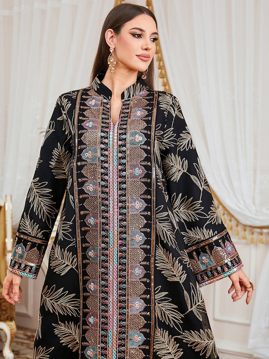 Women Textured Sequin Patch Collared Jalabiya