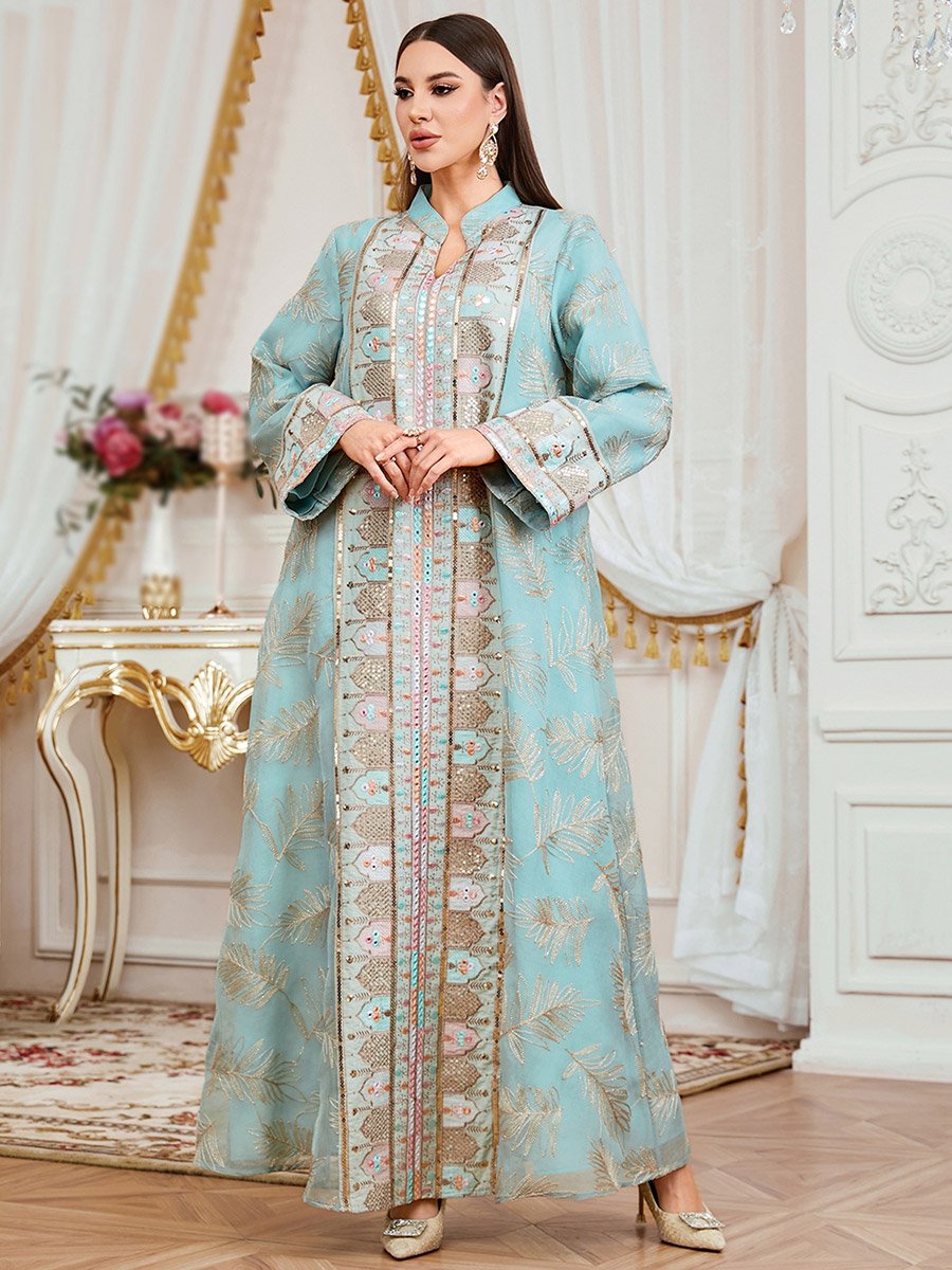 Women Textured Sequin Patch Collared Jalabiya