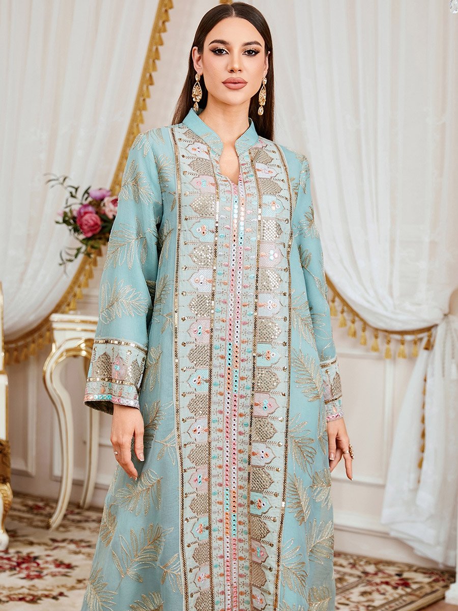 Women Textured Sequin Patch Collared Jalabiya