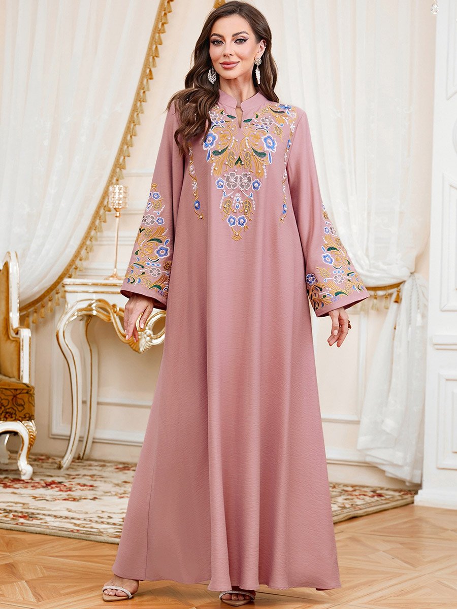 Women Faux Pearl Detail Round Neck Jalabiya