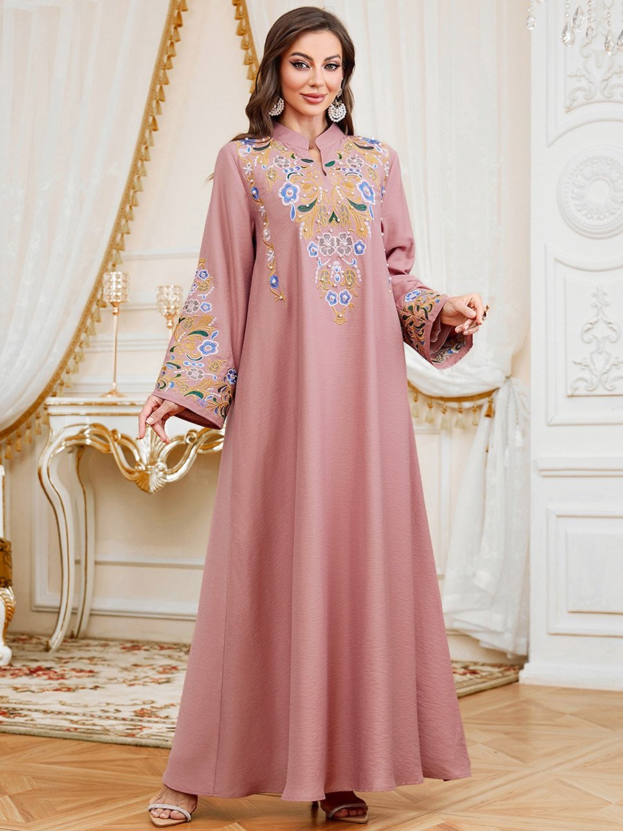 Women Faux Pearl Detail Round Neck Jalabiya