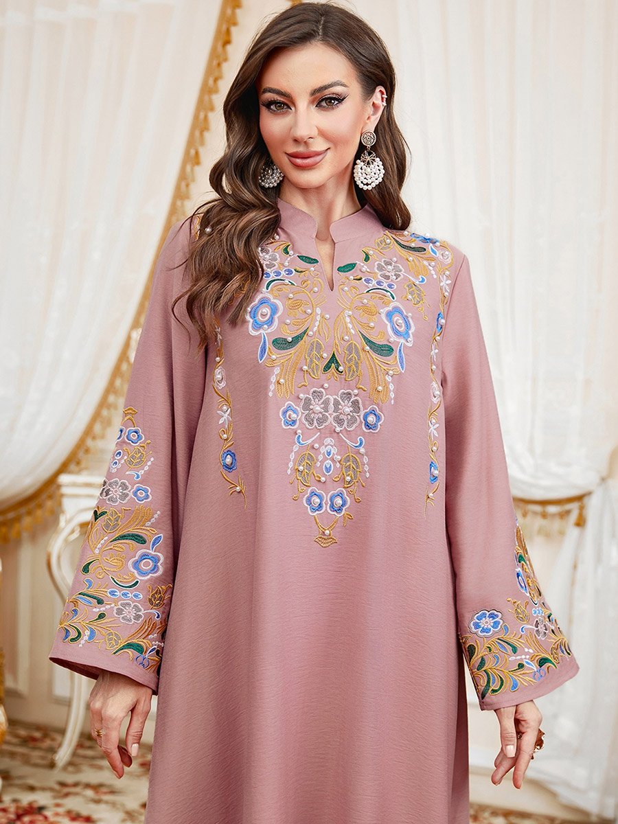 Women Faux Pearl Detail Round Neck Jalabiya