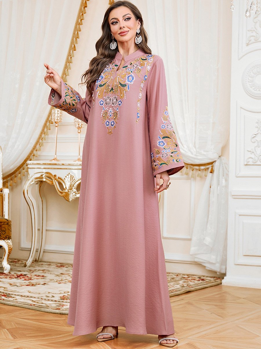 Women Faux Pearl Detail Round Neck Jalabiya