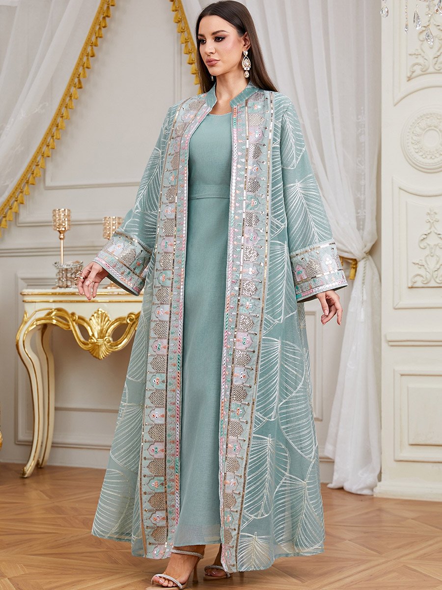 Women Sequin Patch Detail Kimono and Dress Modest Set