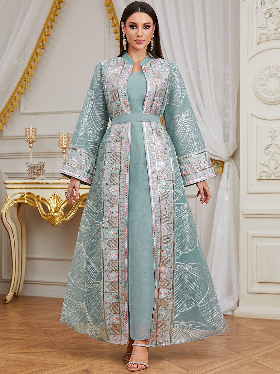 Women Sequin Patch Detail Kimono and Dress Modest Set