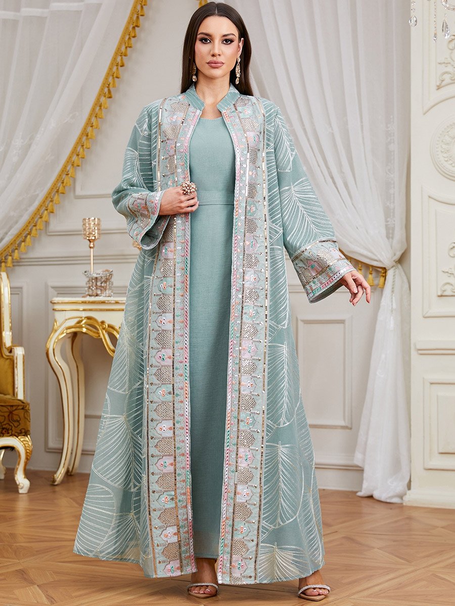 Women Sequin Patch Detail Kimono and Dress Modest Set