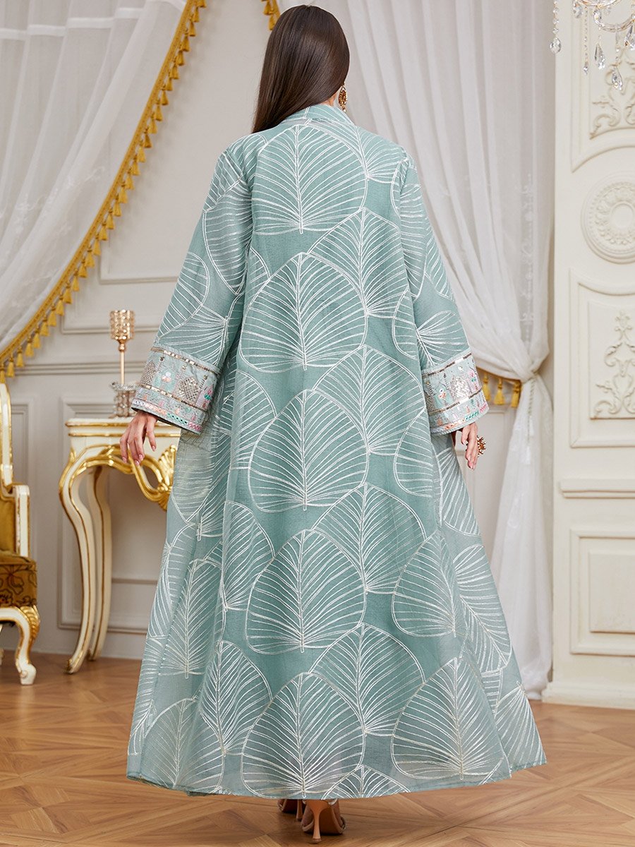 Women Sequin Patch Detail Kimono and Dress Modest Set