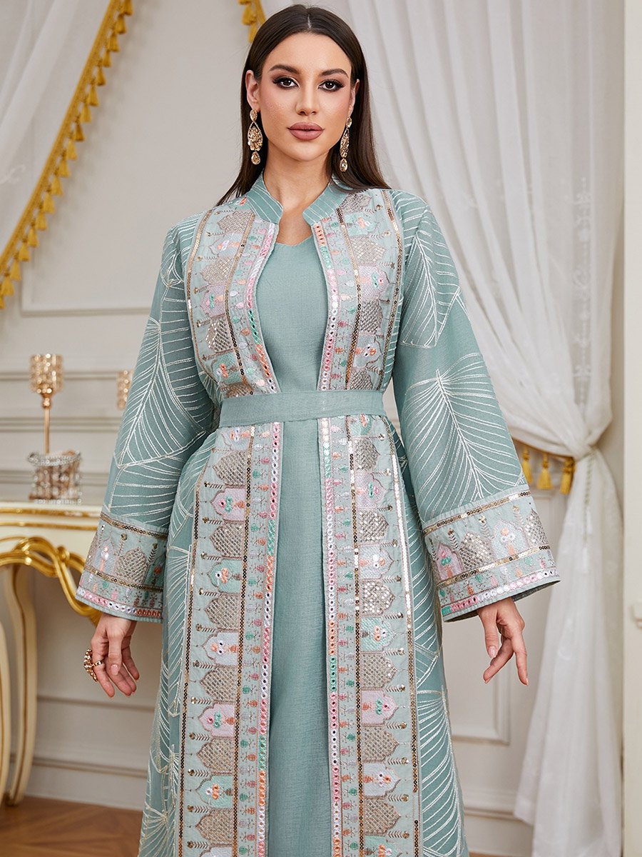 Women Sequin Patch Detail Kimono and Dress Modest Set