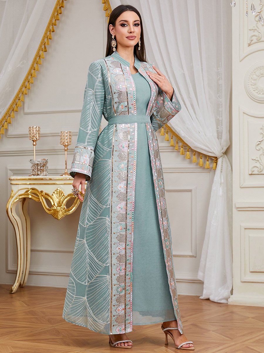 Women Sequin Patch Detail Kimono and Dress Modest Set