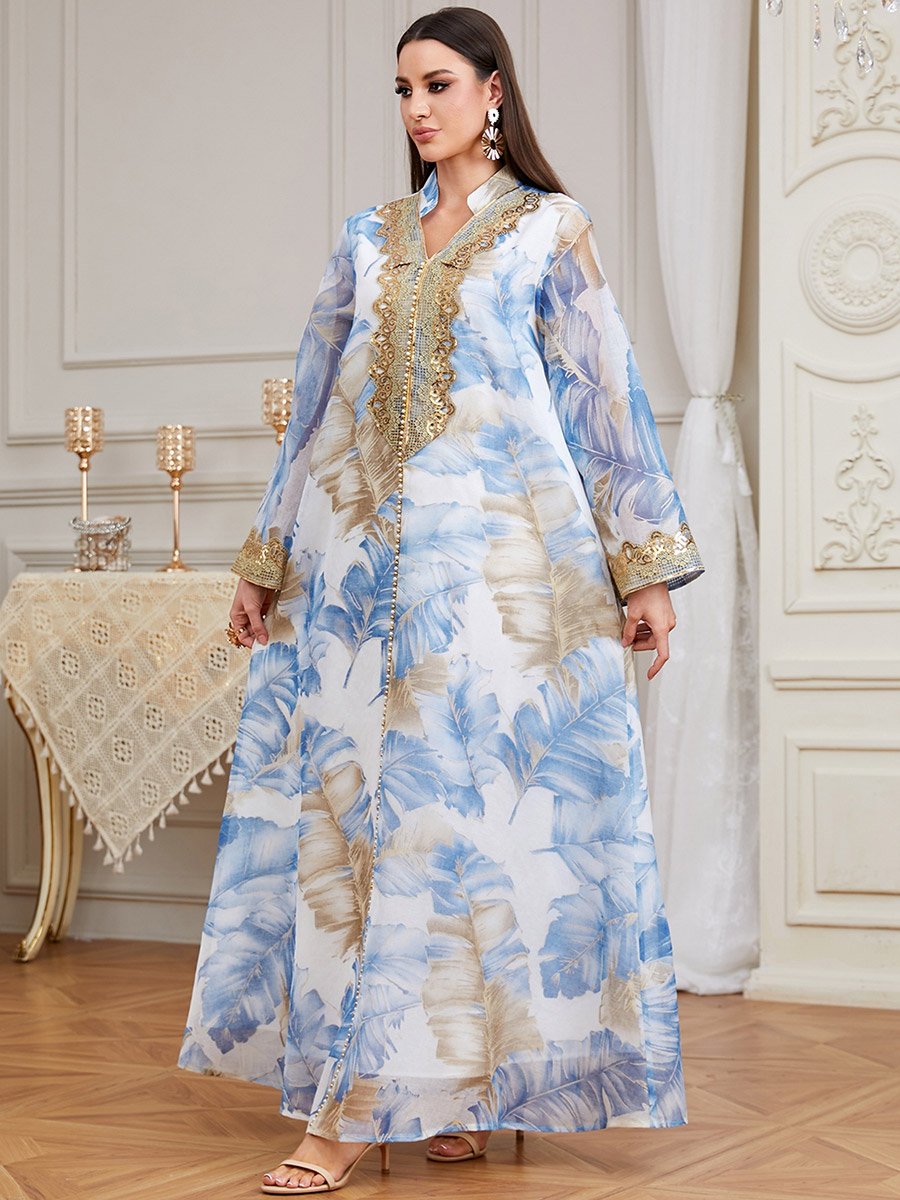 Women Floral Printed Sequin Patch Detail Jalabiya