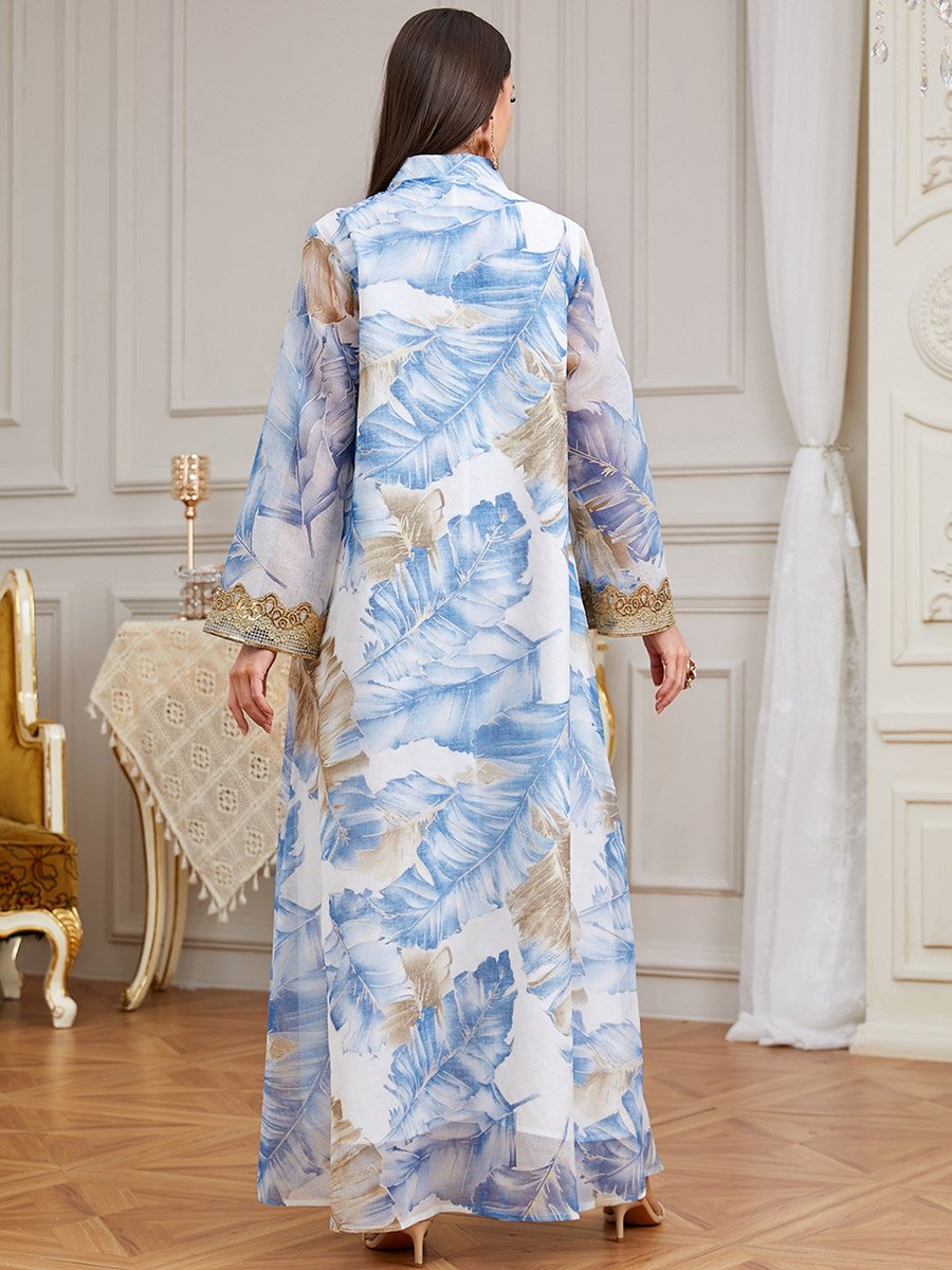 Women Floral Printed Sequin Patch Detail Jalabiya